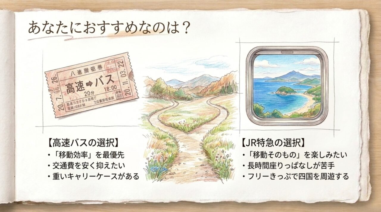 移動効率重視なら高速バス、鉄道旅重視ならJR特急というおすすめ比較