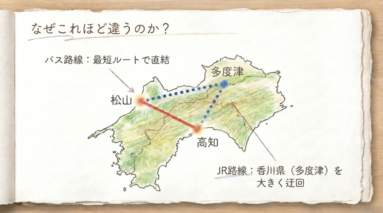 松山から高知へ直行する高速バスと多度津経由のJRルートを示した四国地図