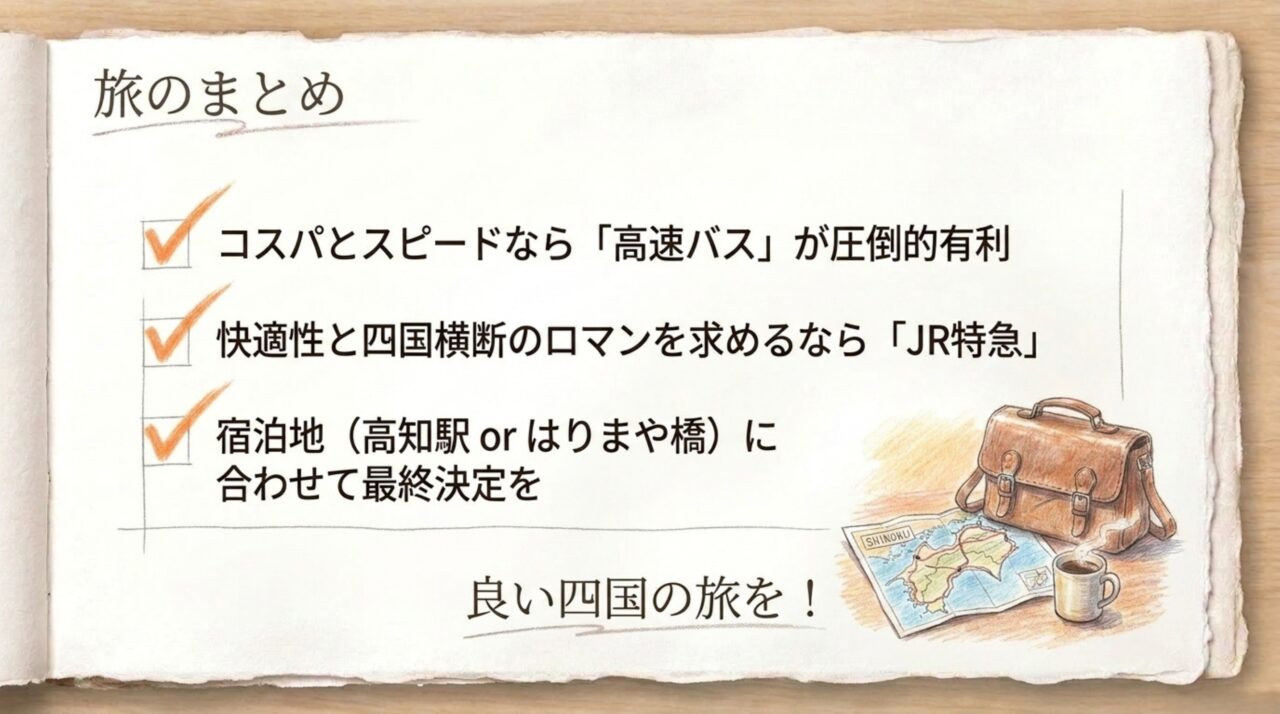 松山から高知は高速バスとJR特急のどちらを選ぶべきかをまとめたスライド