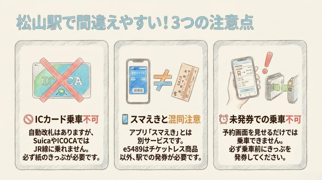 松山駅でICカード乗車不可、スマえきとの違い、e5489未発券では乗車できない3つの注意点を示した図
