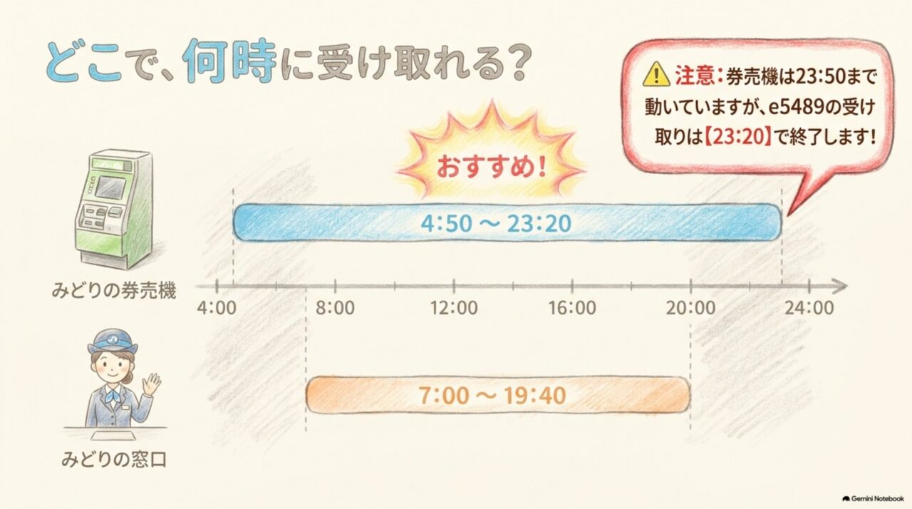 松山駅のe5489受取時間をみどりの券売機4時50分から23時20分、みどりの窓口7時から19時40分で比較した図