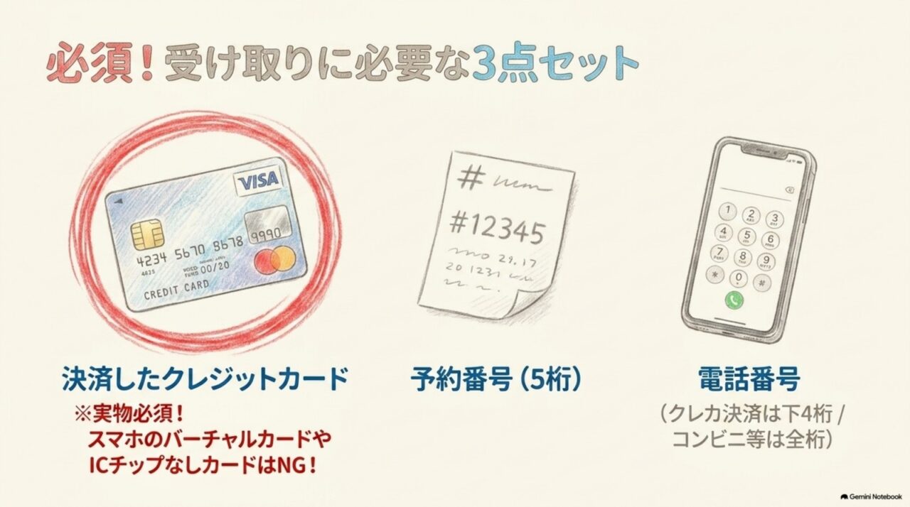 e5489受け取りに必要な決済したクレジットカード、予約番号5桁、電話番号を示した図