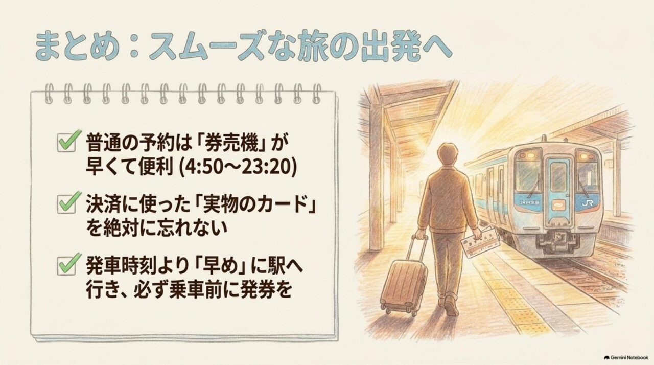 松山駅でe5489を受け取る際は券売機を活用し実物の決済カードを忘れず早めに発券する要点をまとめた図