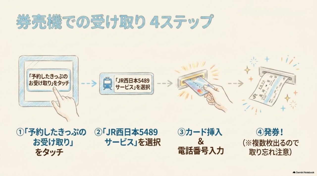 松山駅の券売機で予約したきっぷの受け取りからJR西日本5489サービス選択、カード挿入、発券までの4ステップ