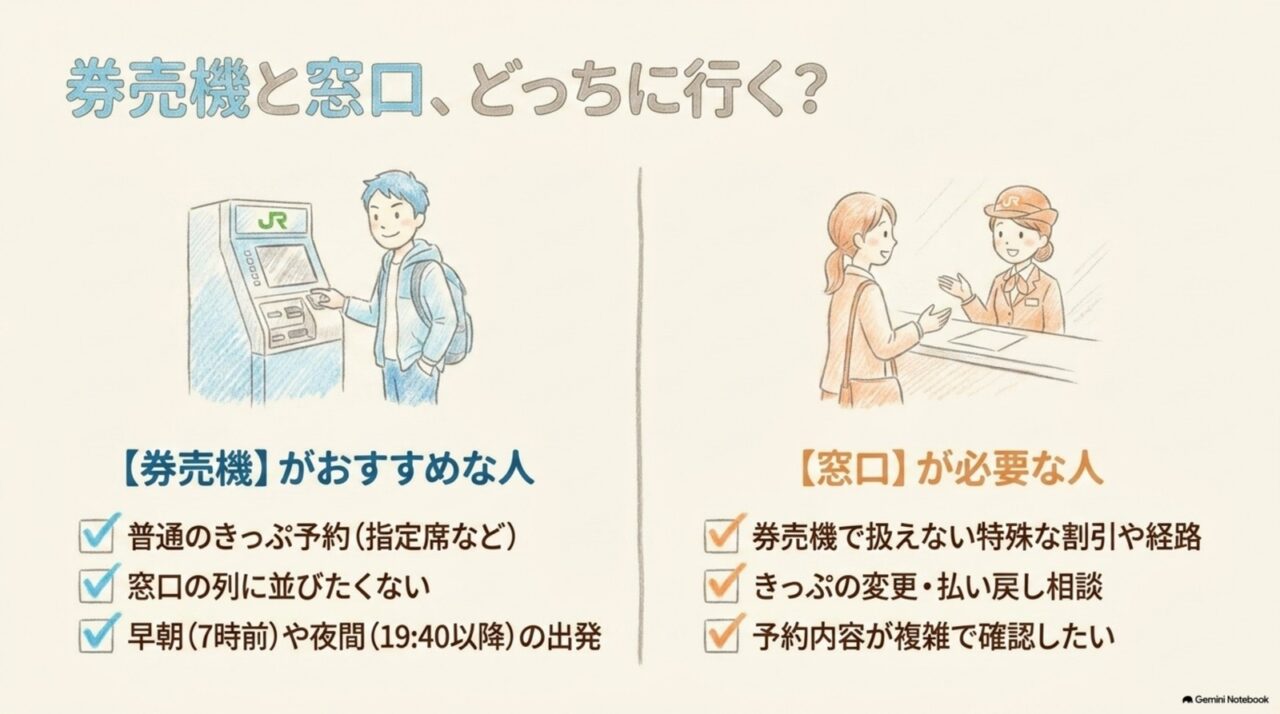 松山駅でe5489受取時に券売機がおすすめなケースとみどりの窓口が必要なケースを比較した図