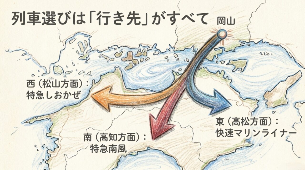 岡山から四国へ向かう列車の行き先地図 岡山から松山方面は特急しおかぜ、高知方面は特急南風、高松方面は快速マリンライナーと示した四国の路線図