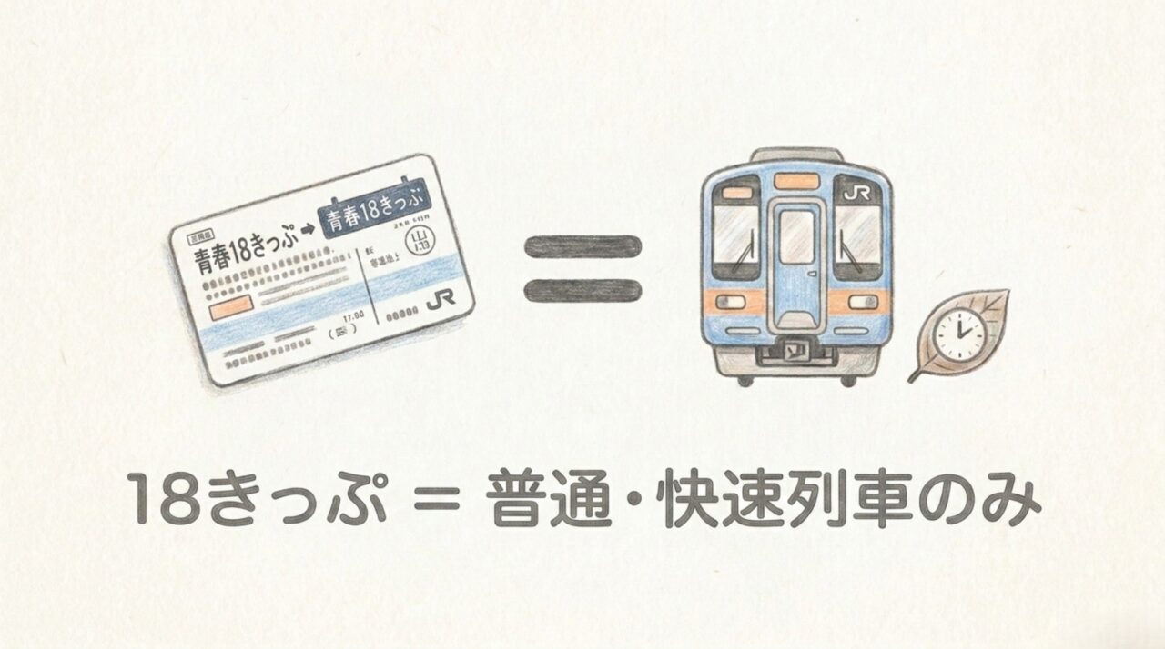 青春18きっぷは普通列車と快速列車が対象 青春18きっぷで利用できるのは普通列車と快速列車であることを示すスライド
