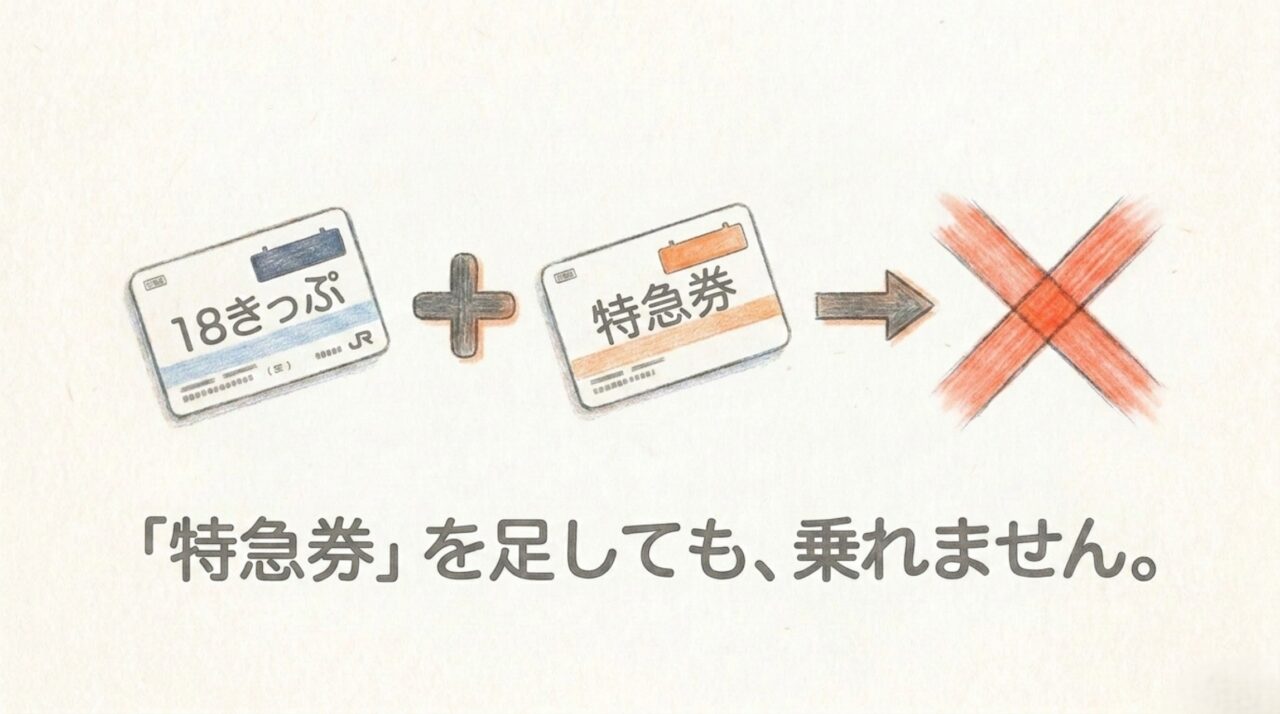 青春18きっぷに特急券を追加しても乗車不可 青春18きっぷに特急券だけを追加しても特急しおかぜに乗れないことを示すスライド