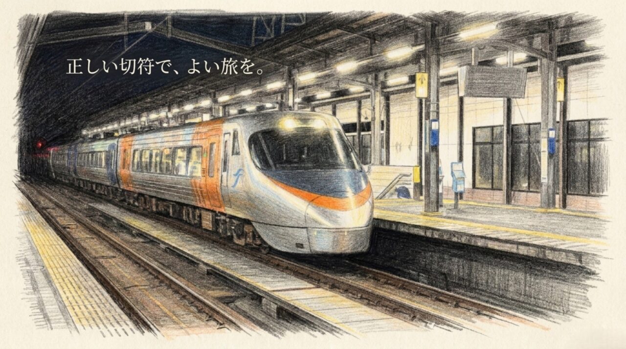 正しい切符で特急しおかぜの旅を楽しむ 夜の駅に停車する特急しおかぜと正しい切符でよい旅をというメッセージのスライド