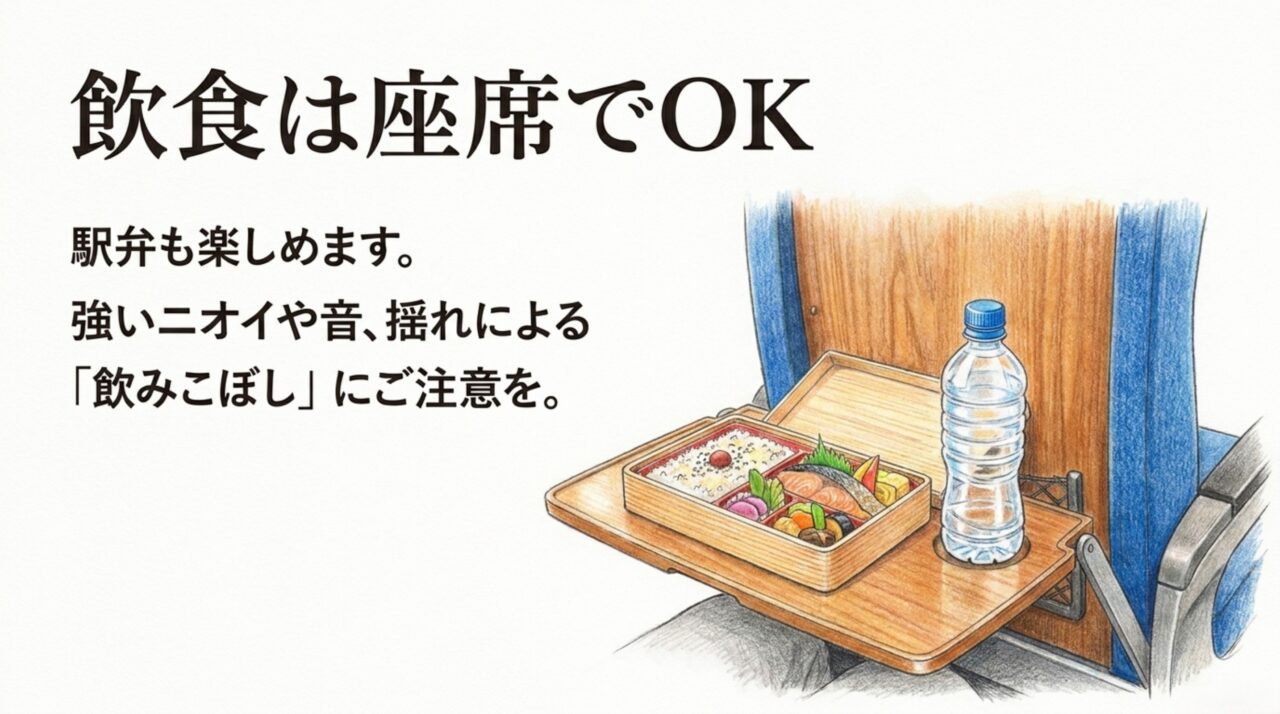 特急しおかぜは座席で飲食可能 特急しおかぜの座席テーブルで駅弁と飲み物を楽しむ様子