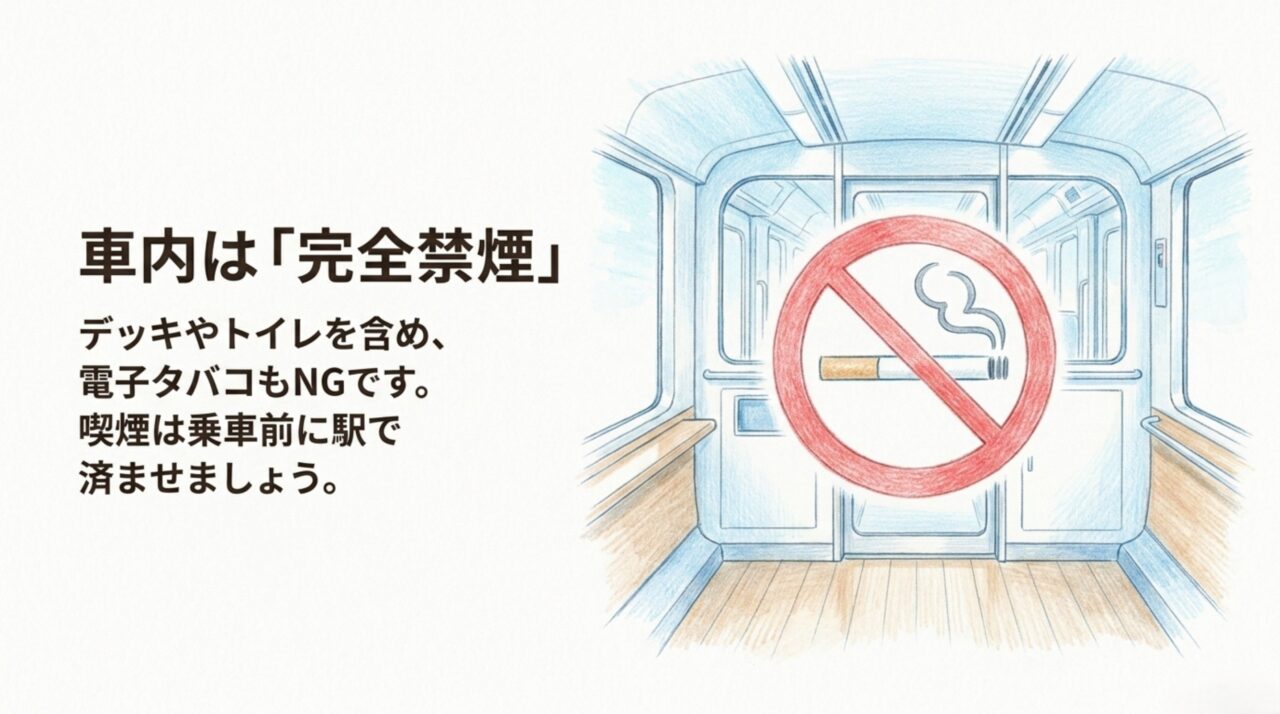 特急しおかぜの車内は完全禁煙 特急しおかぜのデッキやトイレを含む車内完全禁煙を示すスライド