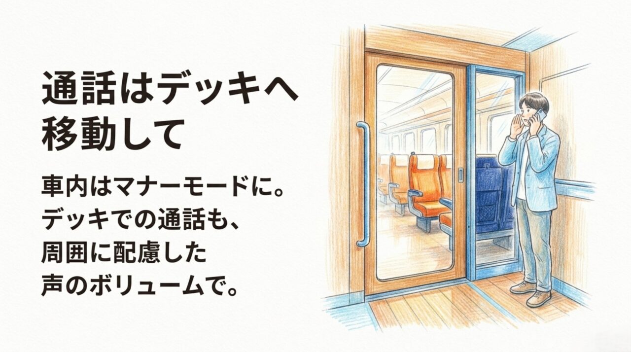 特急しおかぜの通話はデッキへ移動 特急しおかぜで携帯電話の通話をするためデッキへ移動した乗客