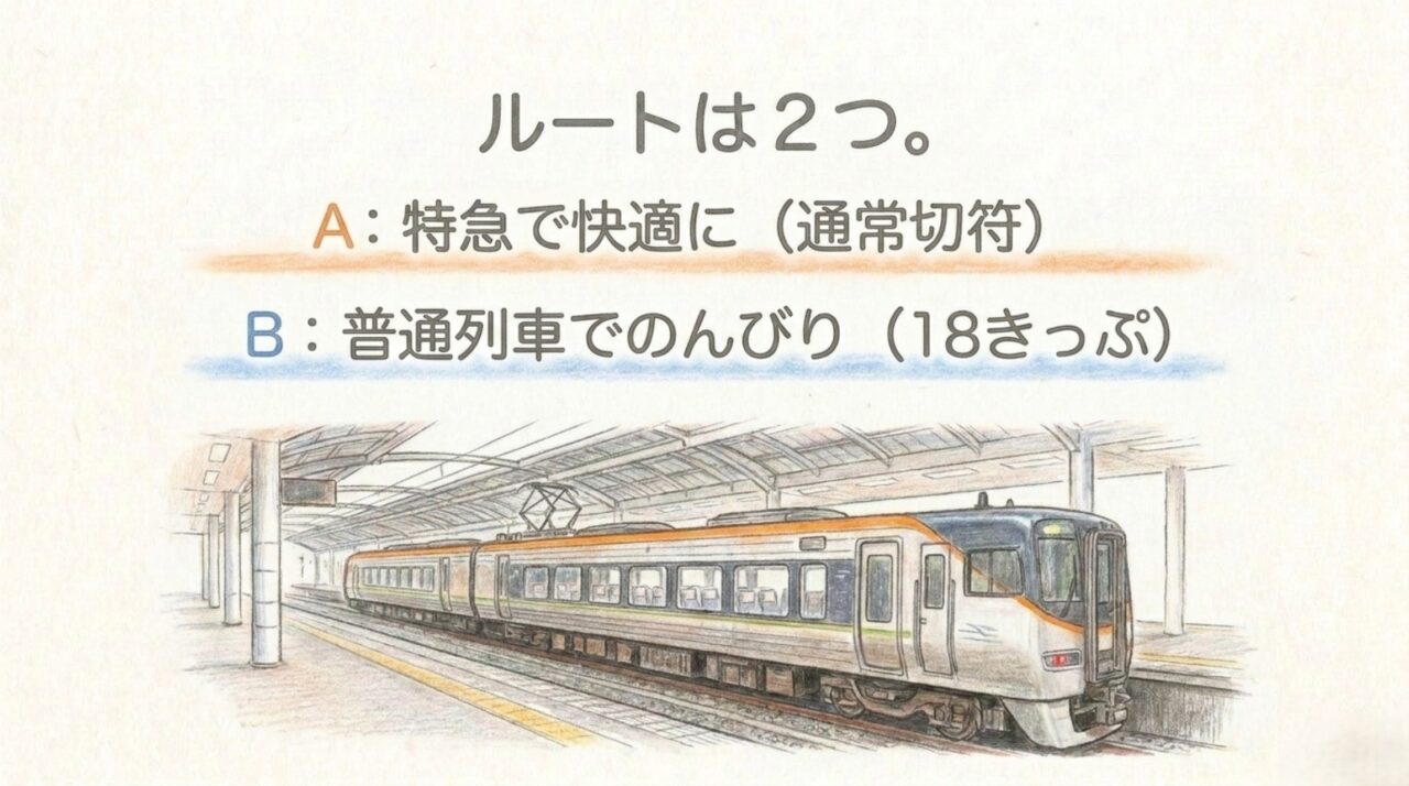 特急利用と青春18きっぷ利用の2つのルート 通常の切符で特急しおかぜに乗るルートと青春18きっぷで普通列車に乗るルートを比較したスライド