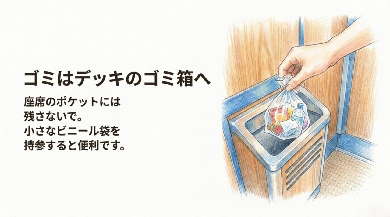 特急しおかぜのゴミはデッキのゴミ箱へ 特急しおかぜの飲食後のゴミをデッキのゴミ箱へ捨てる様子