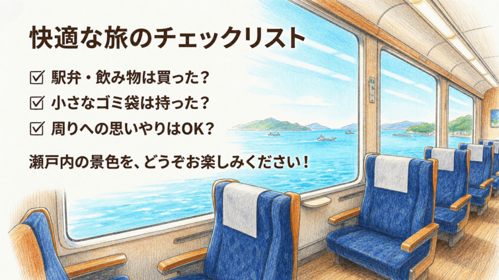 特急しおかぜの車内ルール|飲食・喫煙・ゴミ・携帯電話を解説 1 特急しおかぜ乗車前の駅弁や飲み物とゴミ袋の準備チェックリスト