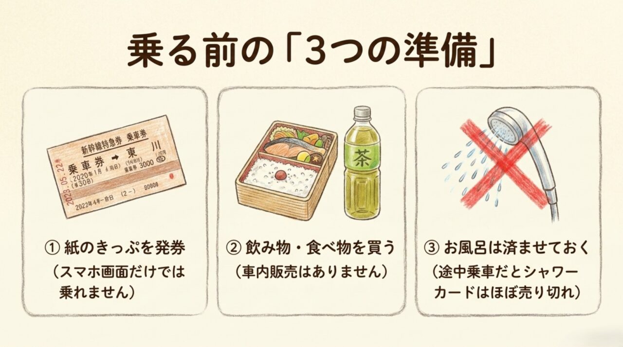 サンライズ瀬戸乗車前の3つの準備 紙のきっぷ発券・飲食物購入・入浴をサンライズ瀬戸乗車前に済ませる準備ポイント