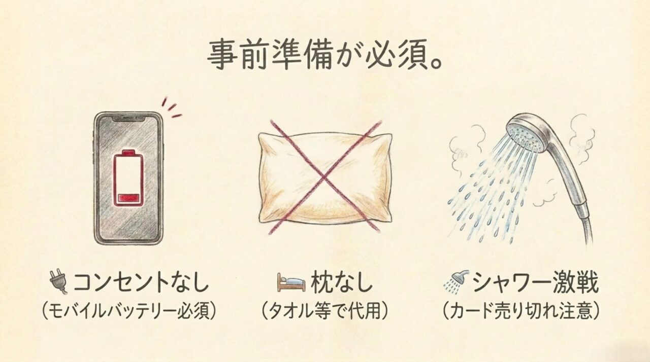 サンライズ瀬戸ノビノビ座席でコンセントや枕がなくシャワーカードが売り切れる場合があることを示すスライド