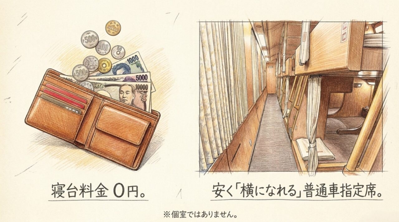 財布とノビノビ座席のイラストで寝台料金不要の普通車指定席を説明するスライド