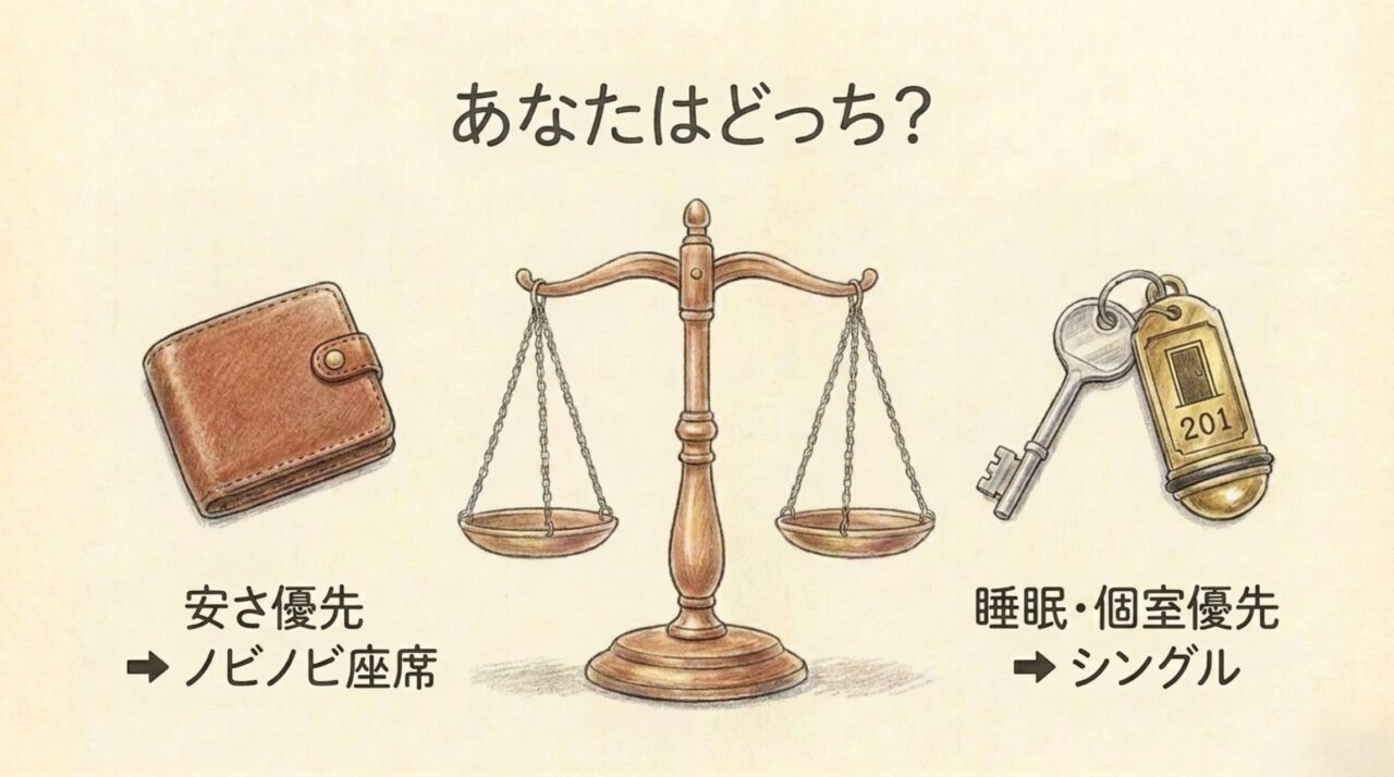 サンライズ瀬戸で安さを優先するノビノビ座席と睡眠や個室を優先するシングルを比較するスライド