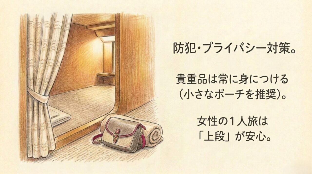 サンライズ瀬戸ノビノビ座席を女性1人で利用するときの防犯とプライバシー対策を説明するスライド