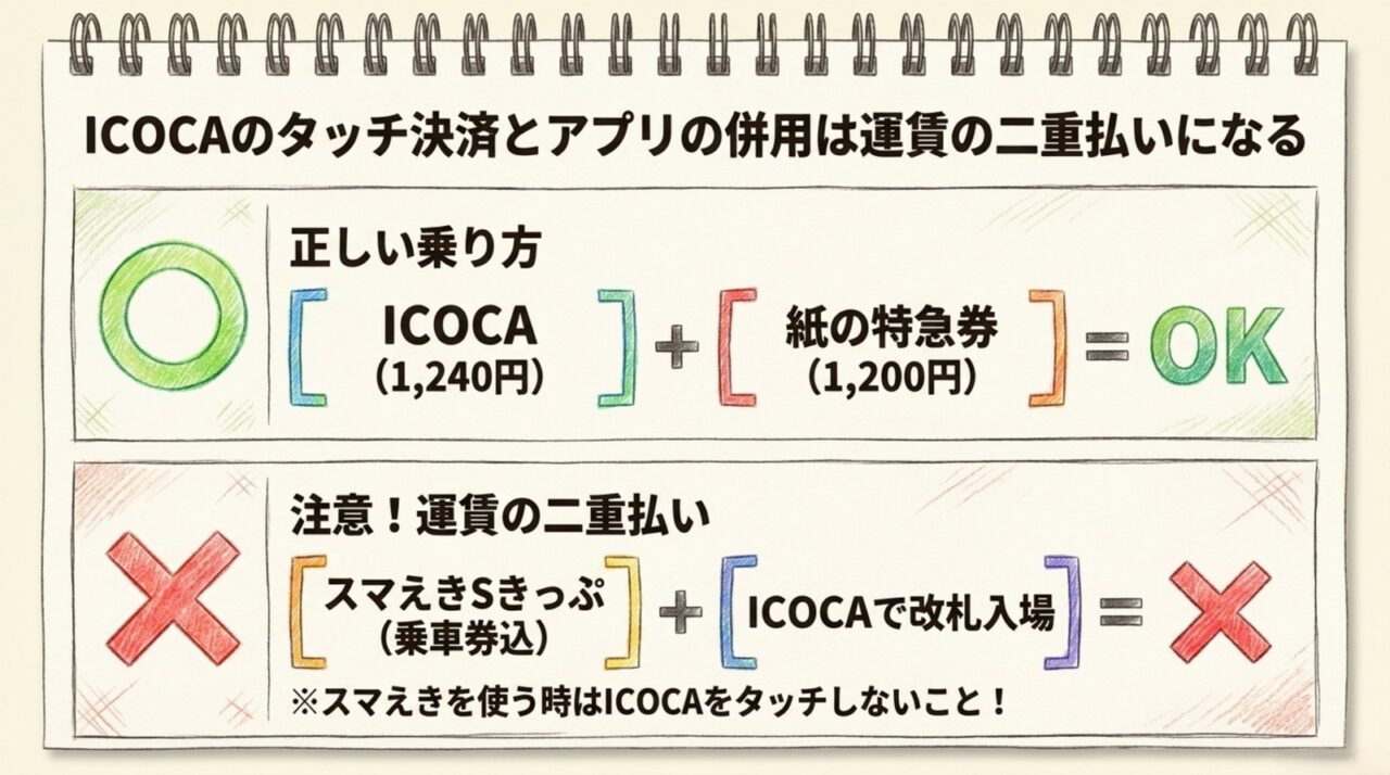 ICOCAと特急券の正しい組み合わせ ICOCAと紙の特急券は併用できるがスマえきSきっぷとICOCA入場は二重払いになる注意図