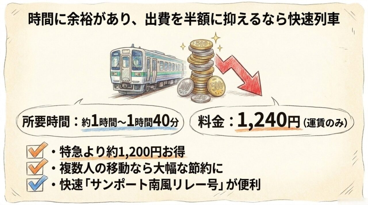 快速列車の所要時間と運賃 高松駅から観音寺駅まで快速・普通列車は約1時間から1時間40分、運賃1,240円と示す図