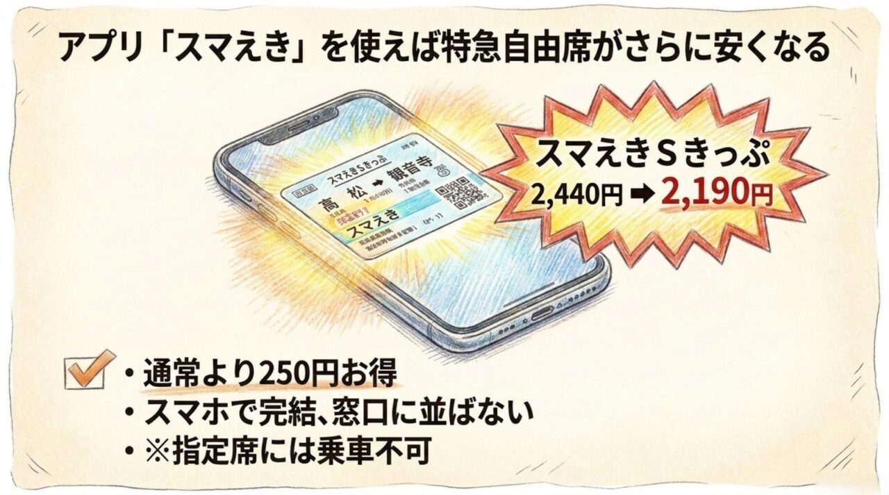 スマえきSきっぷで高松から観音寺を割引 スマえきSきっぷで高松駅から観音寺駅の特急自由席が2,440円から2,190円になる図