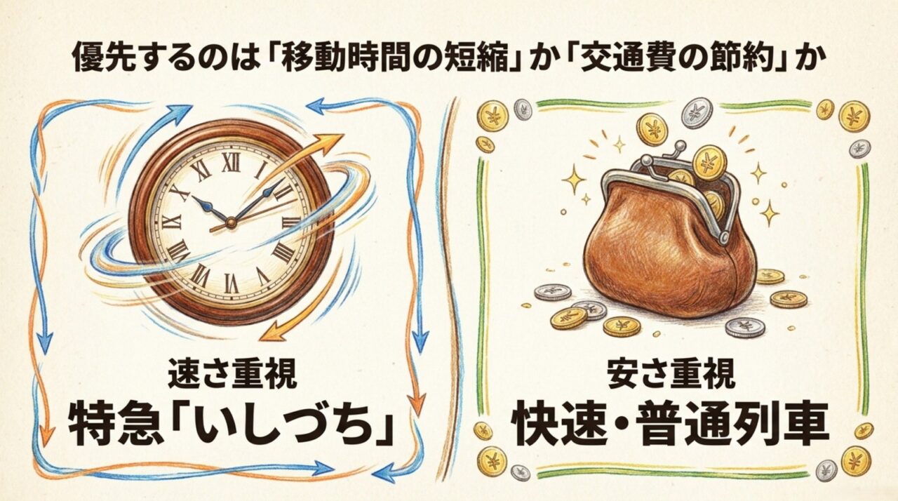 高松駅から観音寺駅は時間と交通費で選ぶ 速さ重視は特急いしづち、安さ重視は快速・普通列車と示す比較図