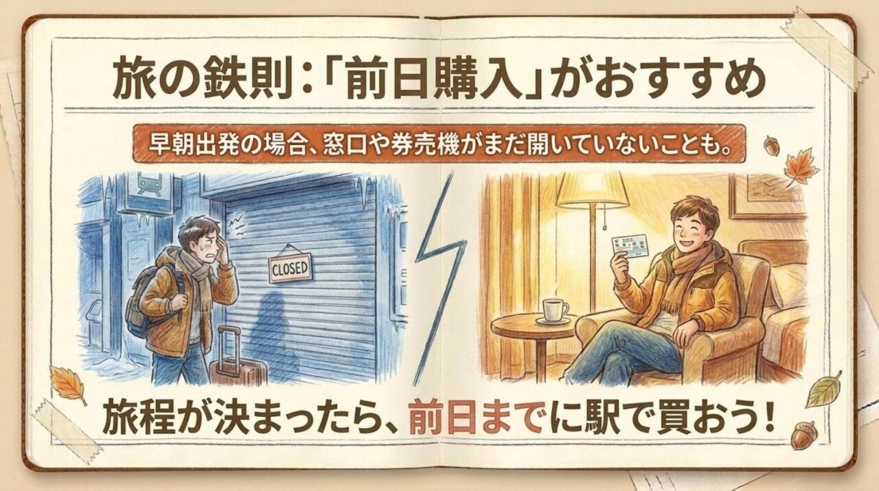 早朝出発に備えて秋の乗り放題パスを前日までに駅で購入するイメージ