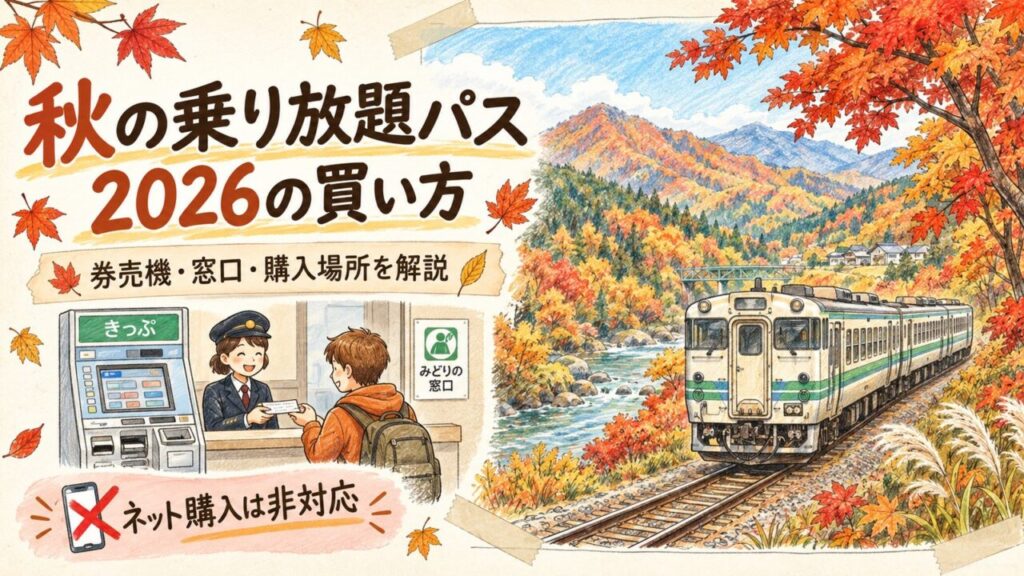 秋の乗り放題パス2026の買い方を、券売機・みどりの窓口・購入場所とともに解説するアイキャッチ画像