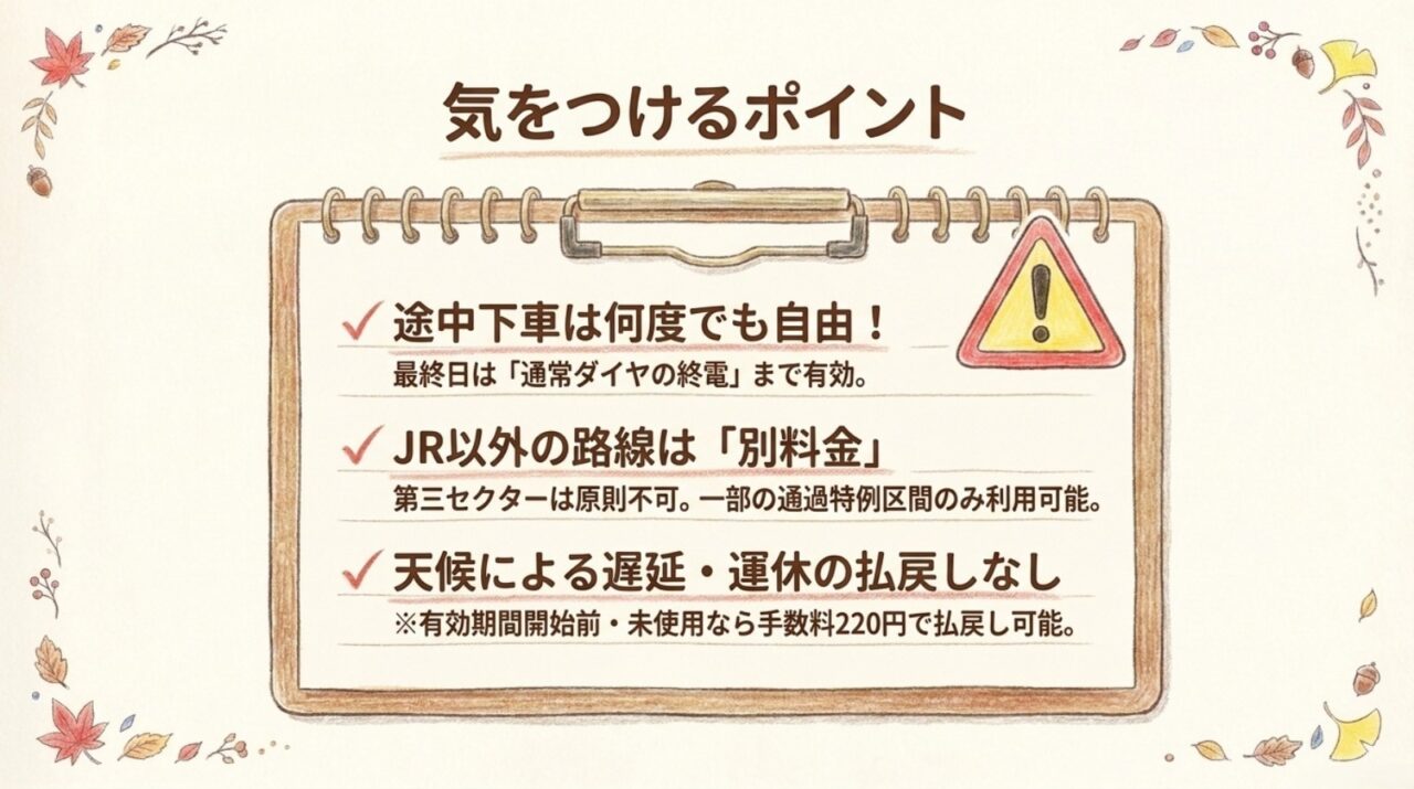 秋の乗り放題パス利用時の注意点 途中下車、JR以外の別料金、遅延や運休時の払い戻しを説明した注意点