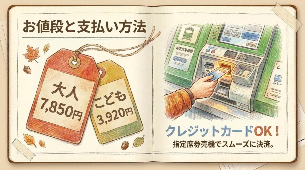 秋の乗り放題パス2026の大人7850円、こども3920円とクレジットカード払いを示す図