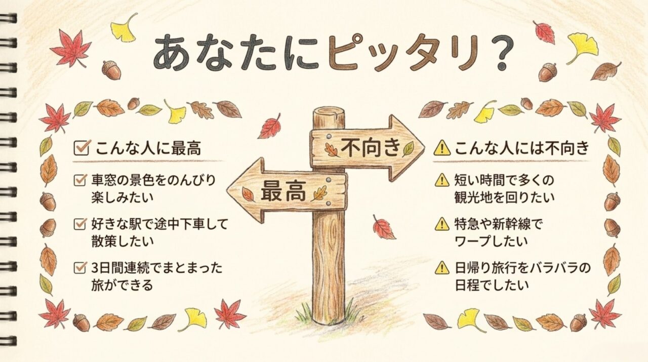 秋の乗り放題パスが向いている人・向かない人 普通列車の景色や途中下車を楽しむ人に向き、特急や新幹線中心の旅行には不向きと説明する図