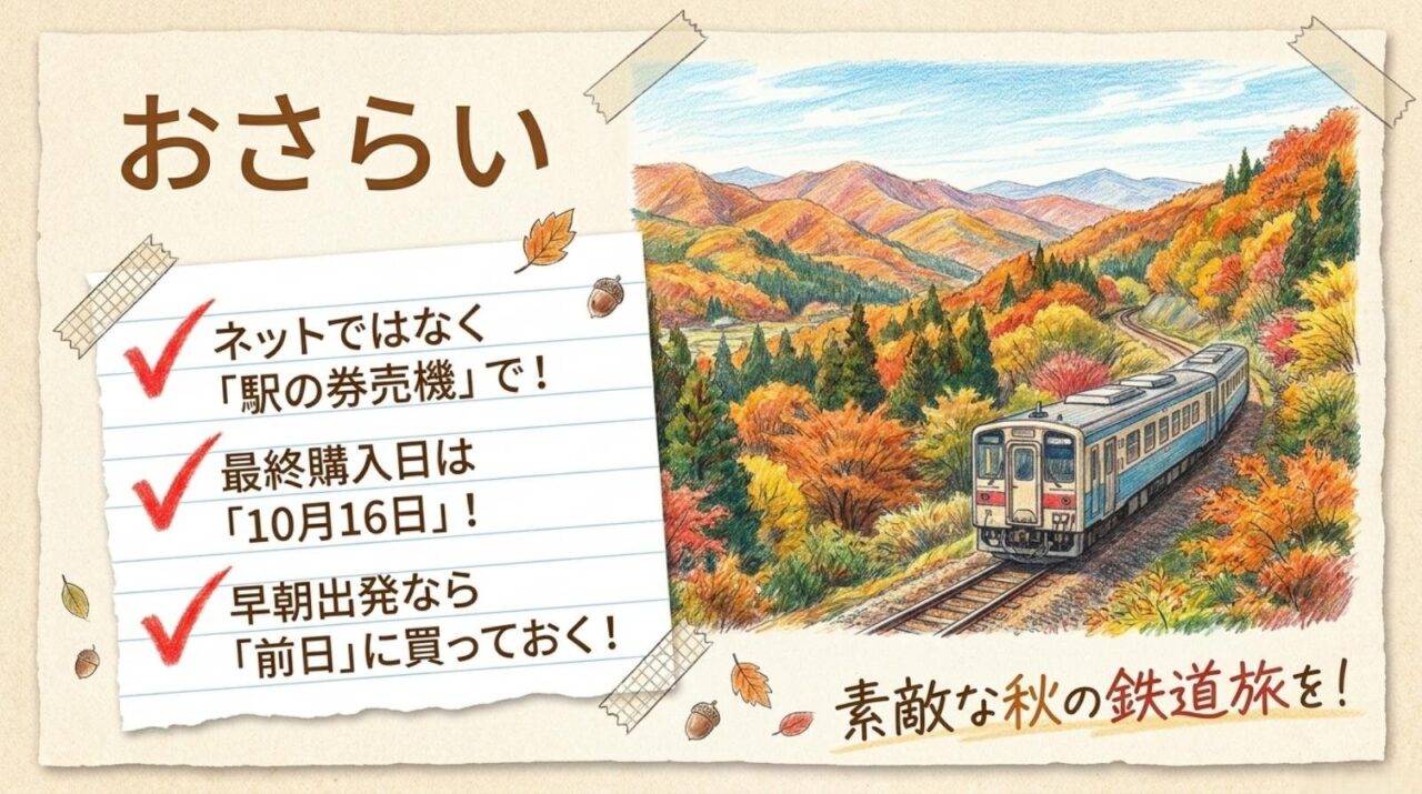 秋の乗り放題パス2026を駅の券売機で購入し最終購入日10月16日を確認するまとめ図