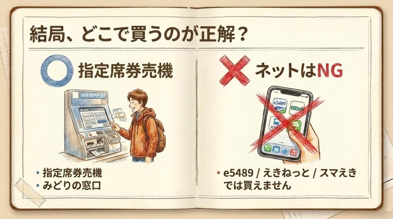 秋の乗り放題パスを指定席券売機やみどりの窓口で購入する方法を示す図
