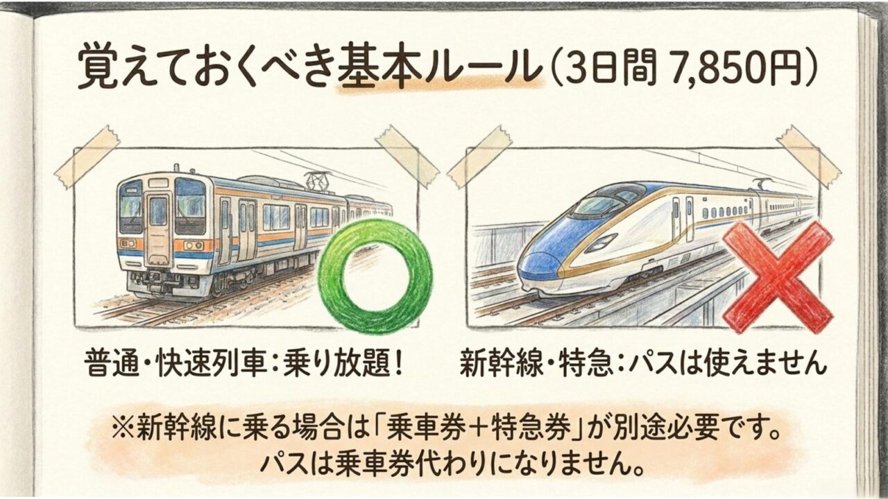 秋の乗り放題パスの基本ルール 秋の乗り放題パスで乗れる普通・快速列車と乗れない新幹線・特急をまとめたスライド