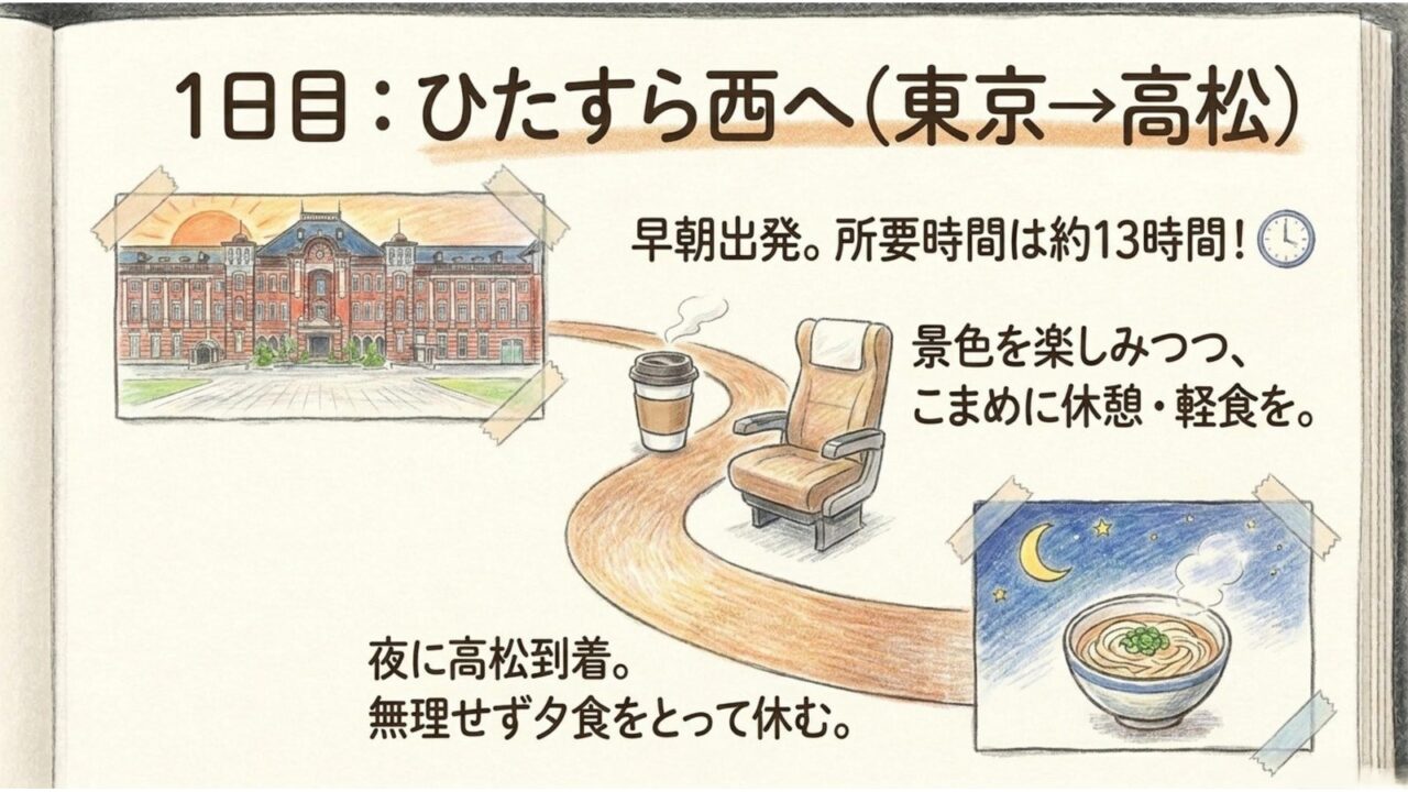 1日目の東京から高松への移動 東京を早朝に出発して普通列車を乗り継ぎ高松を目指す1日目のスライド