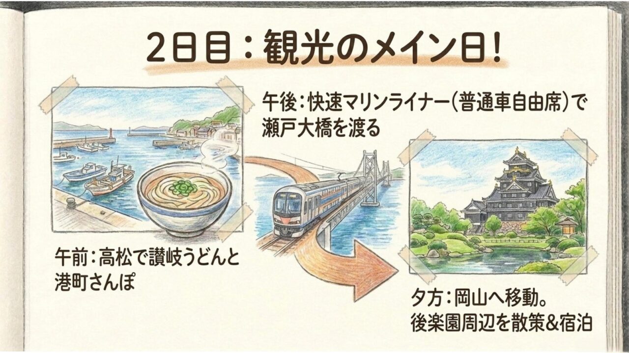 2日目の高松観光と岡山移動 高松で讃岐うどんと港町を楽しみマリンライナーで岡山へ移動する2日目のスライド