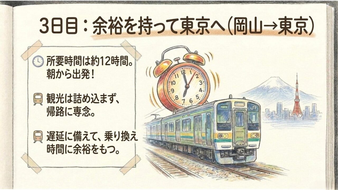 3日目の岡山から東京への帰路 岡山を朝に出発し普通列車を乗り継いで東京へ戻る3日目のスライド