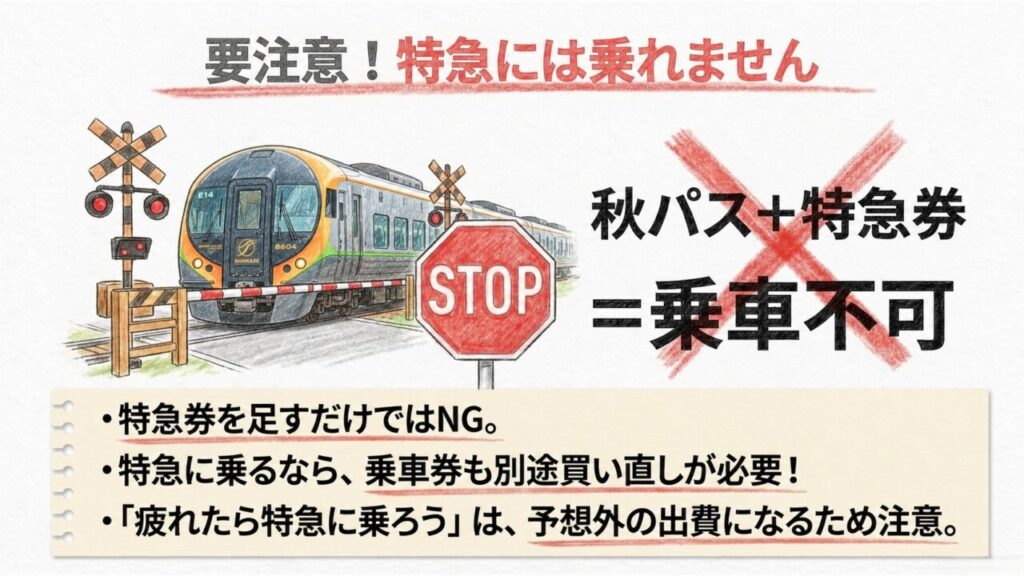 秋の乗り放題パス2026は四国でお得?元が取れる区間と使い方 1 秋パスに特急券を足すだけでは特急に乗れないことを示した注意図
