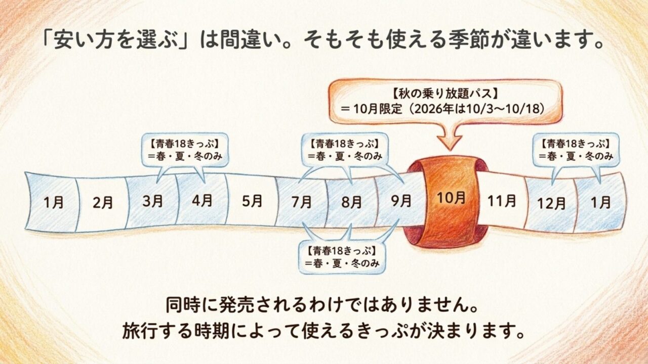 秋の乗り放題パスは10月、青春18きっぷは春夏冬に使えることを示した利用時期比較スライド
