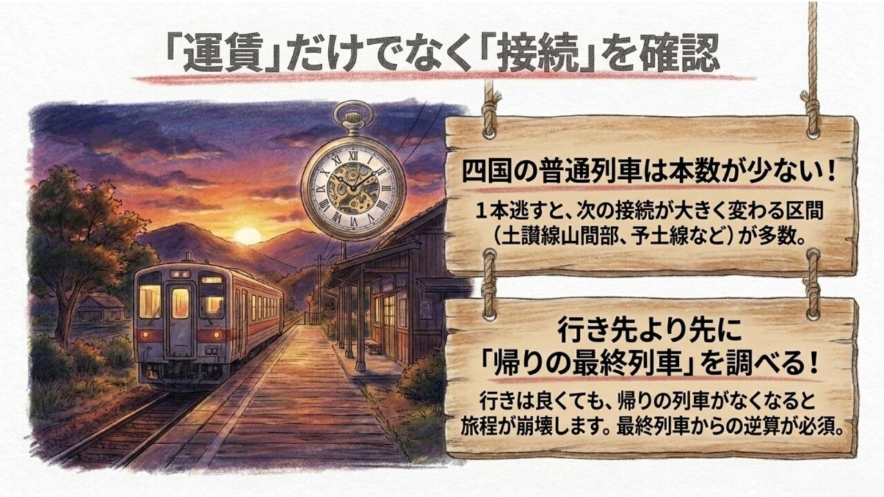 四国普通列車旅は接続と最終列車を確認 四国の普通列車は本数が少ない区間があるため接続と最終列車の確認を促す図