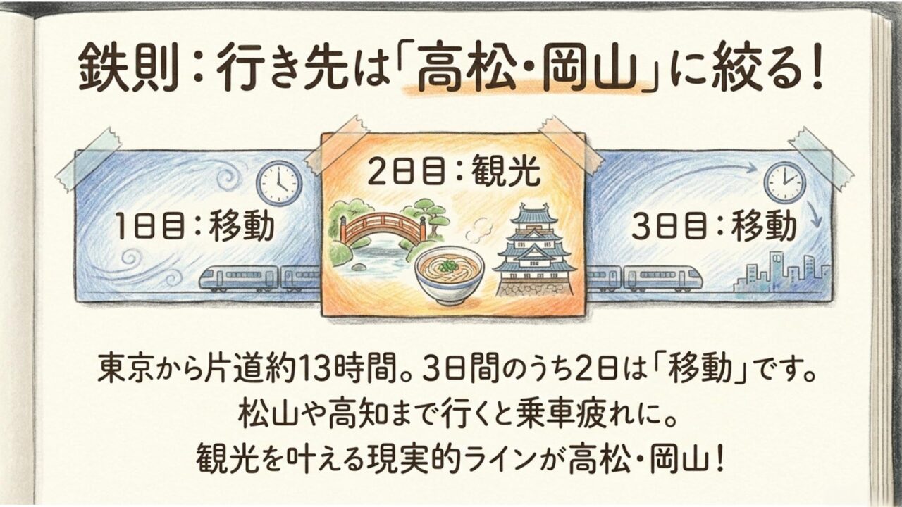 東京発3日旅の全体像 東京から高松と岡山を巡る秋の乗り放題パス3日間モデルコースの全体像をまとめたスライド