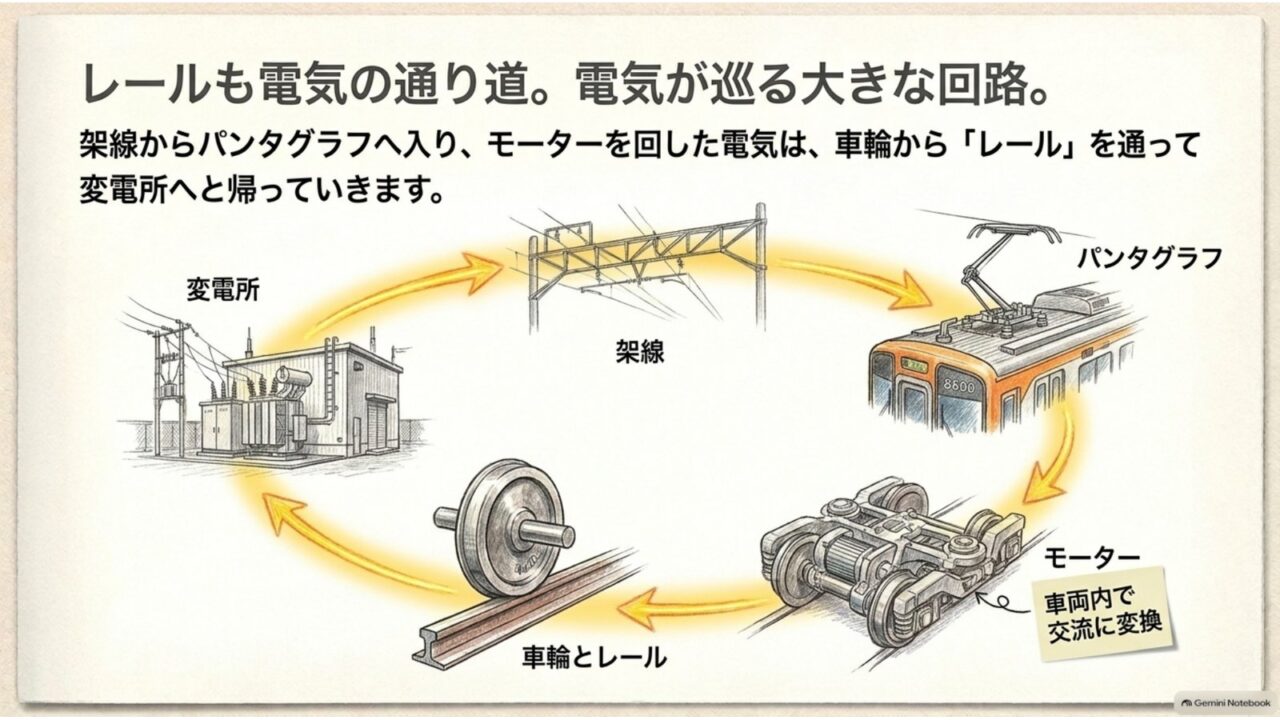 架線からレールへ戻る電気の回路 変電所から架線、パンタグラフ、モーター、車輪とレールを通って電気が戻る流れを示した図解