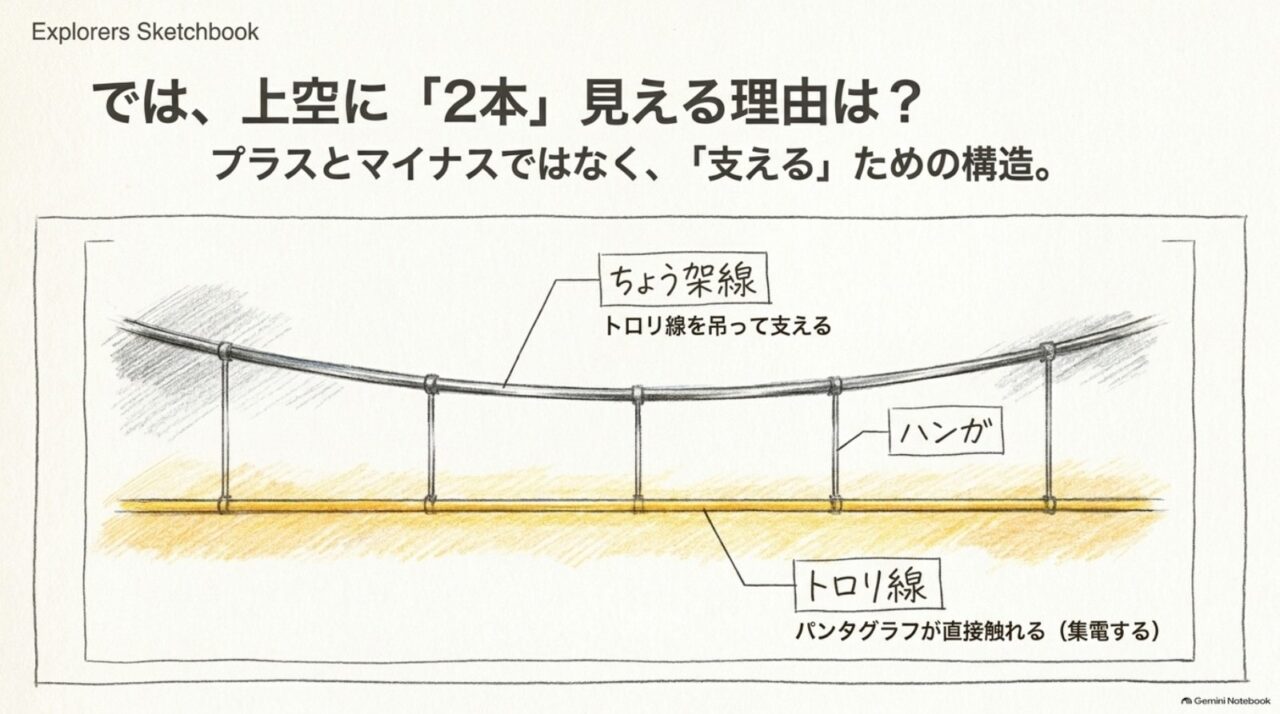 トロリ線とちょう架線の役割 トロリ線をちょう架線とハンガで支えるカテナリ架線の構造図