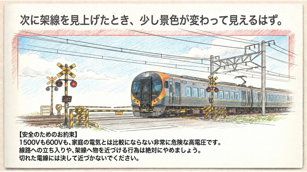 架線電圧の安全注意|1500V・600V 踏切を走る電車と架線を描き、1500Vや600Vの高電圧へ近づかないよう注意を示した図解