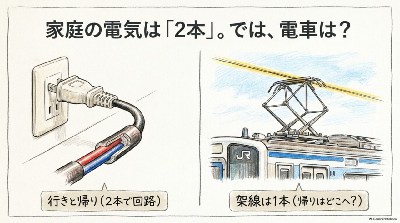 家庭の電気と電車の架線の違い 家庭の2本配線と電車の1本架線を比較した図