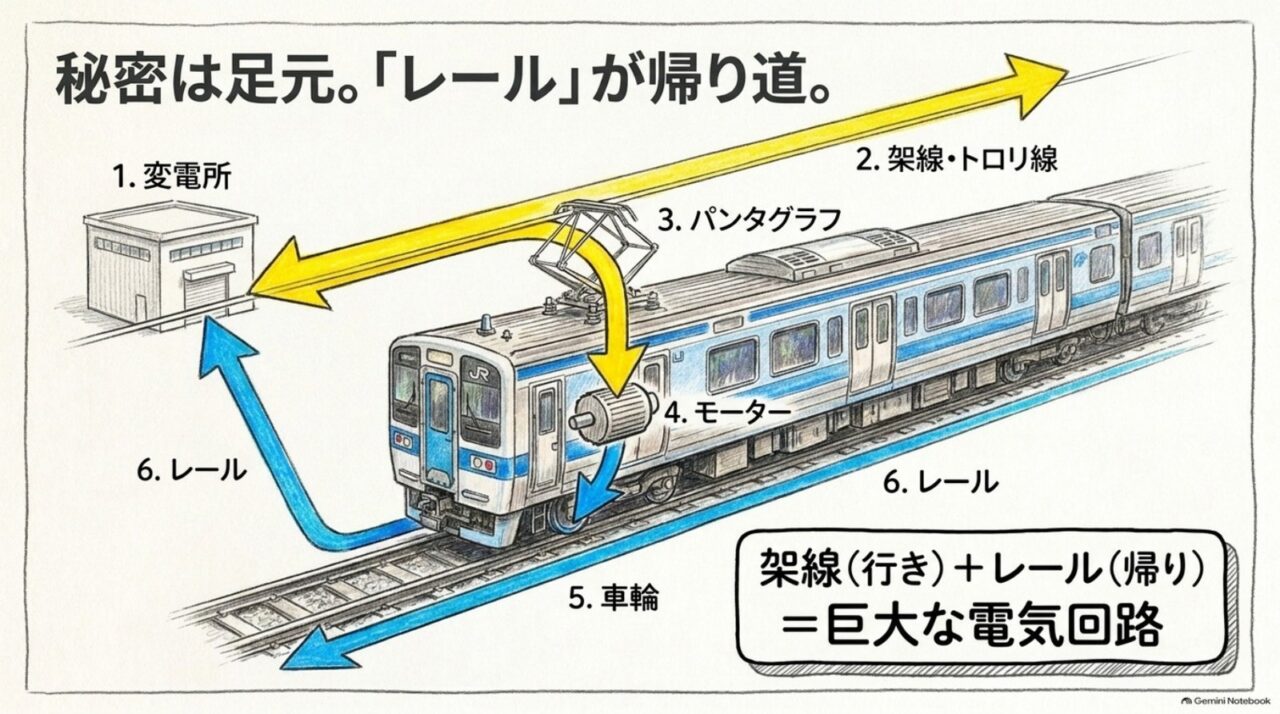 電車の電気はレールを通って戻る 変電所から架線、パンタグラフ、モーター、車輪、レールへ電気が流れる回路図