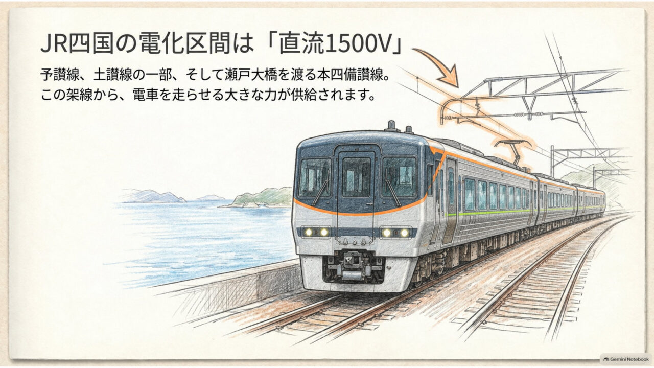 JR四国の電化区間は直流1500V JR四国8600系と架線を描き、JR四国の電化区間が直流1500Vであることを示した図解