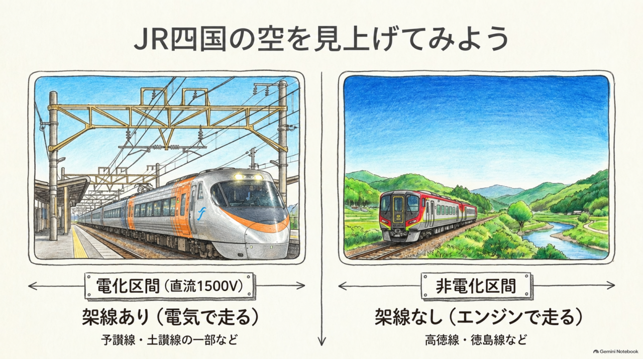 JR四国の電化区間と非電化区間 JR四国の電化区間と非電化区間を列車と架線の有無で比較した図